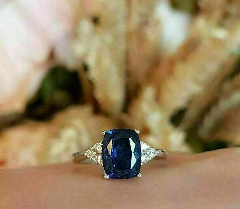 3.30 Ct Natural Sapphire Diamond Engagement Wedding Ring 14K White Gold Size 5