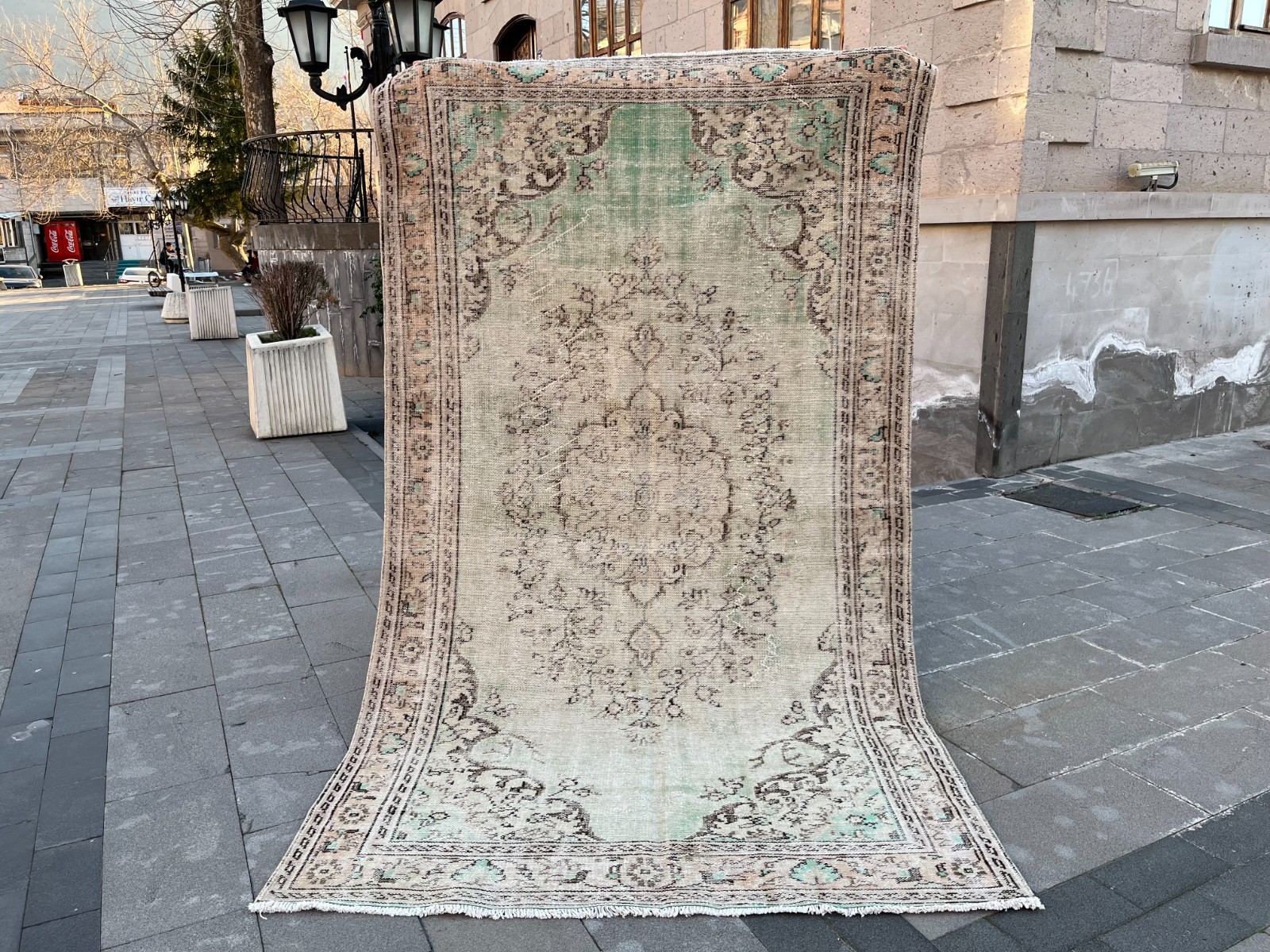 5.4×9.3 ft Vintage Turkish Oushak Rug Mint Green Medallion Hand-Knotted Wool