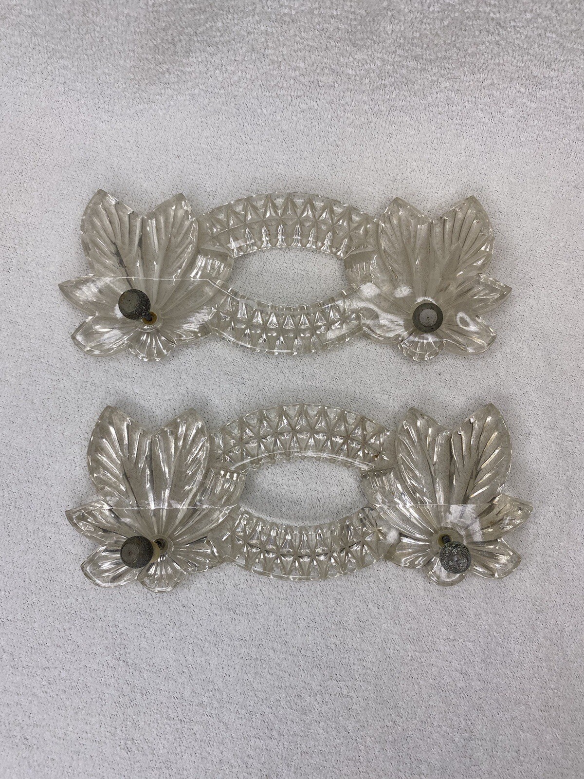 VINTAGE ART DECO Pressed GLASS Drawer Pulls VANITY TRAY HANDLES W KNOB SCREWS