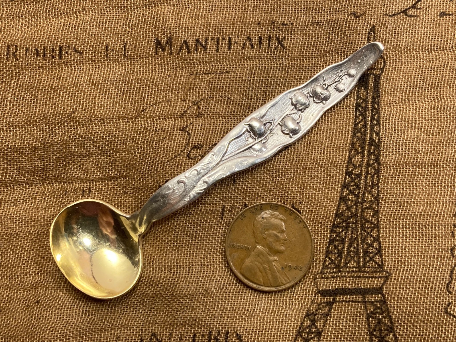 Lily of the Valley Gilt Sterling silver Master open salt spoon exceptional