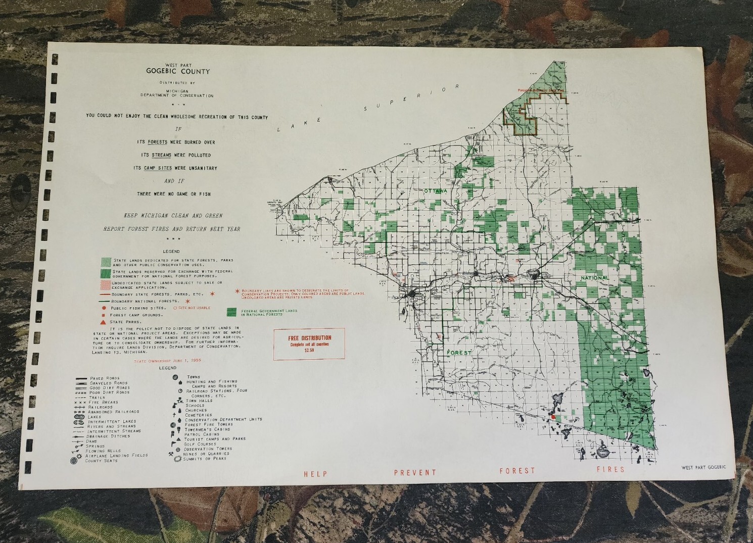 Vtg 1955 West Part Gogebic County Michigan Dept Conservation Plat Maps 11″X17″