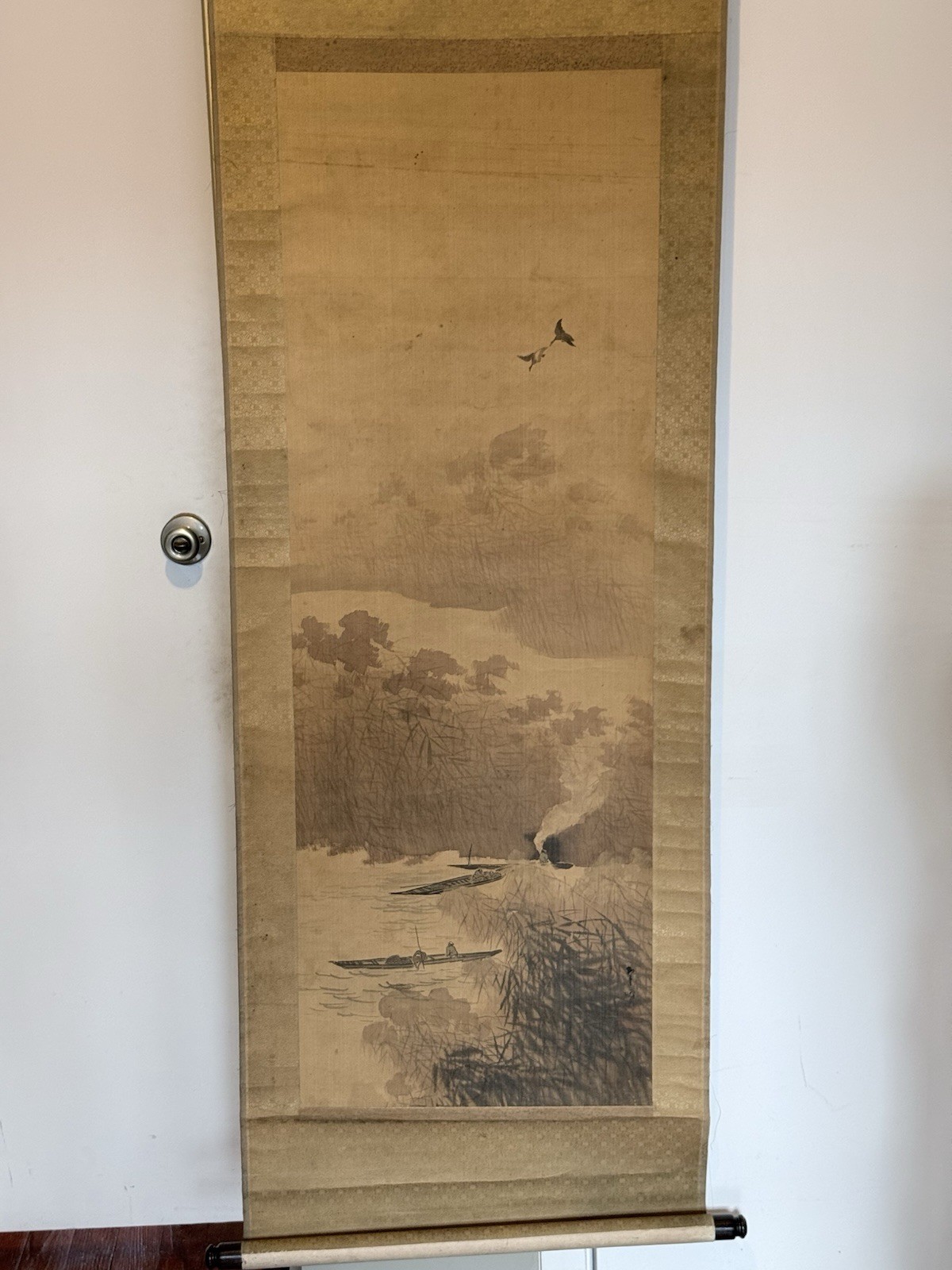 Antique Japanese Ink Wash Scroll Painting Edo Period Landscape River/Boats 15×44
