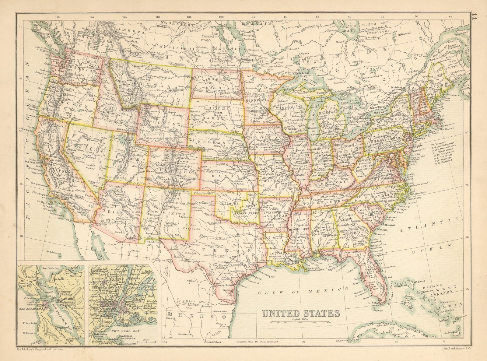1891 Map by John Bartholomew of United States (Front) and Canada (Rear)