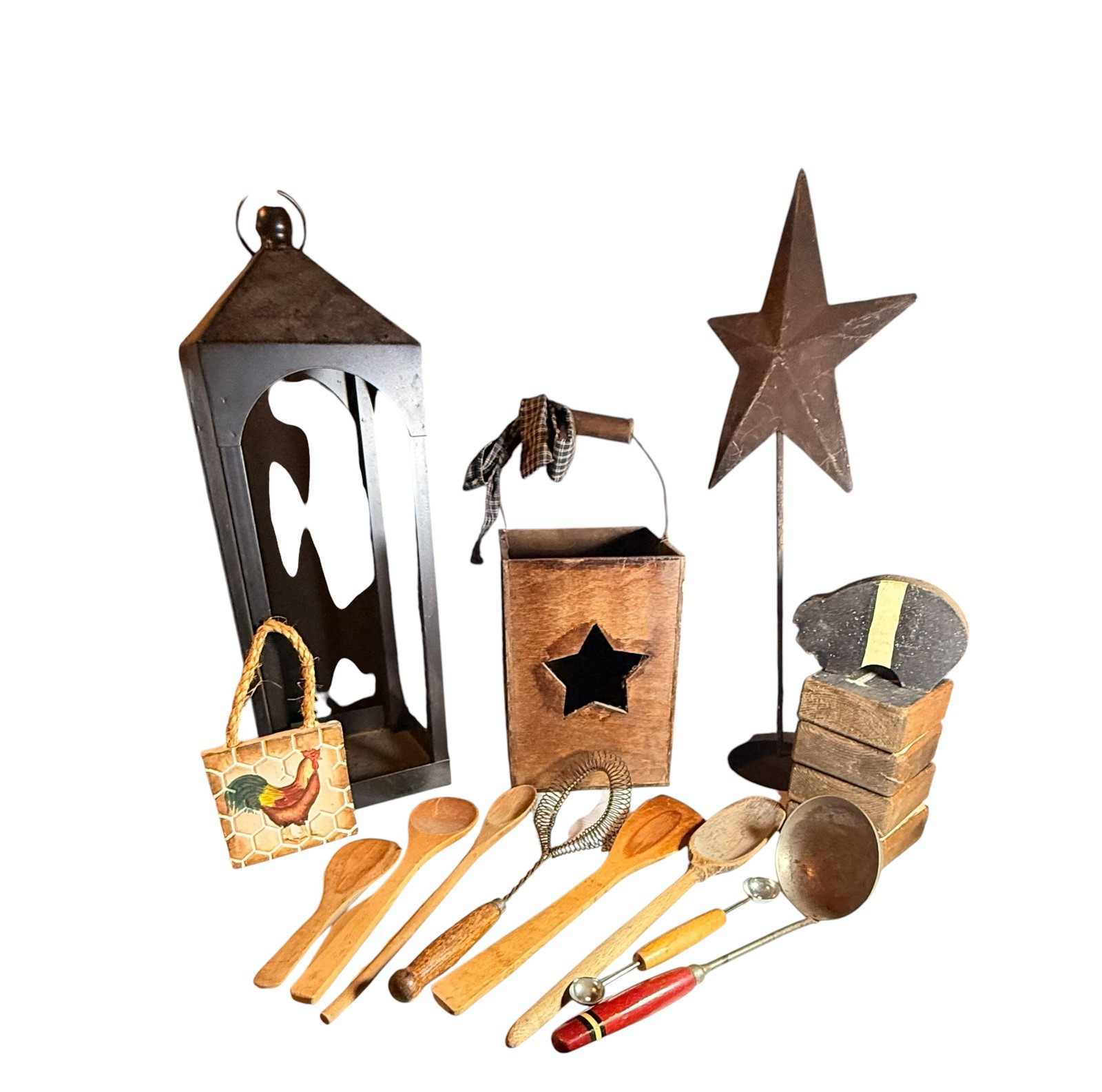 Rustic Primitive Decorative Home Decor Lot Star Rooster Lantern Blocks Utensils