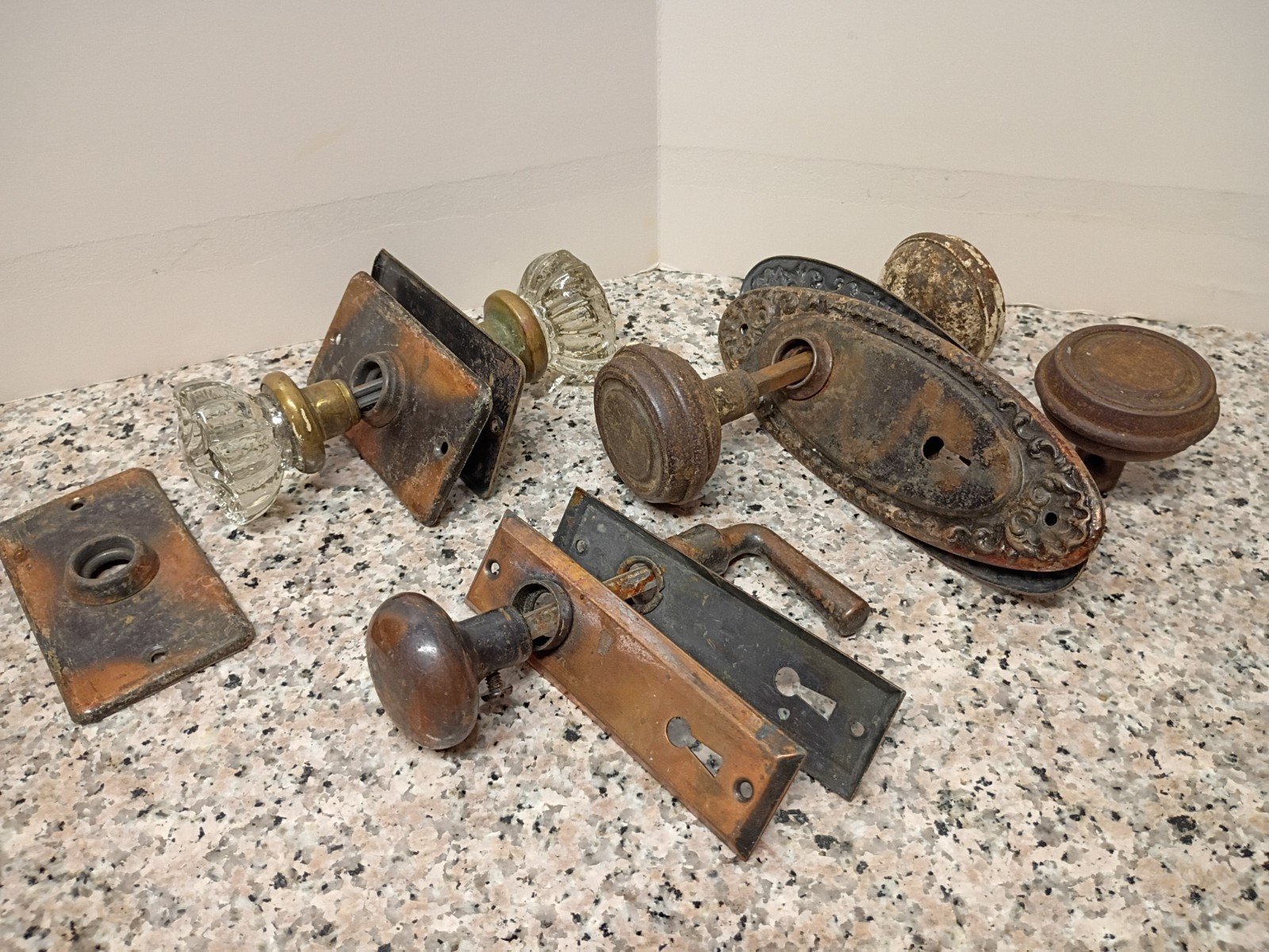 Vintage Steel & Glass Door Knob & Back Plate Sets 3 Sets Plus