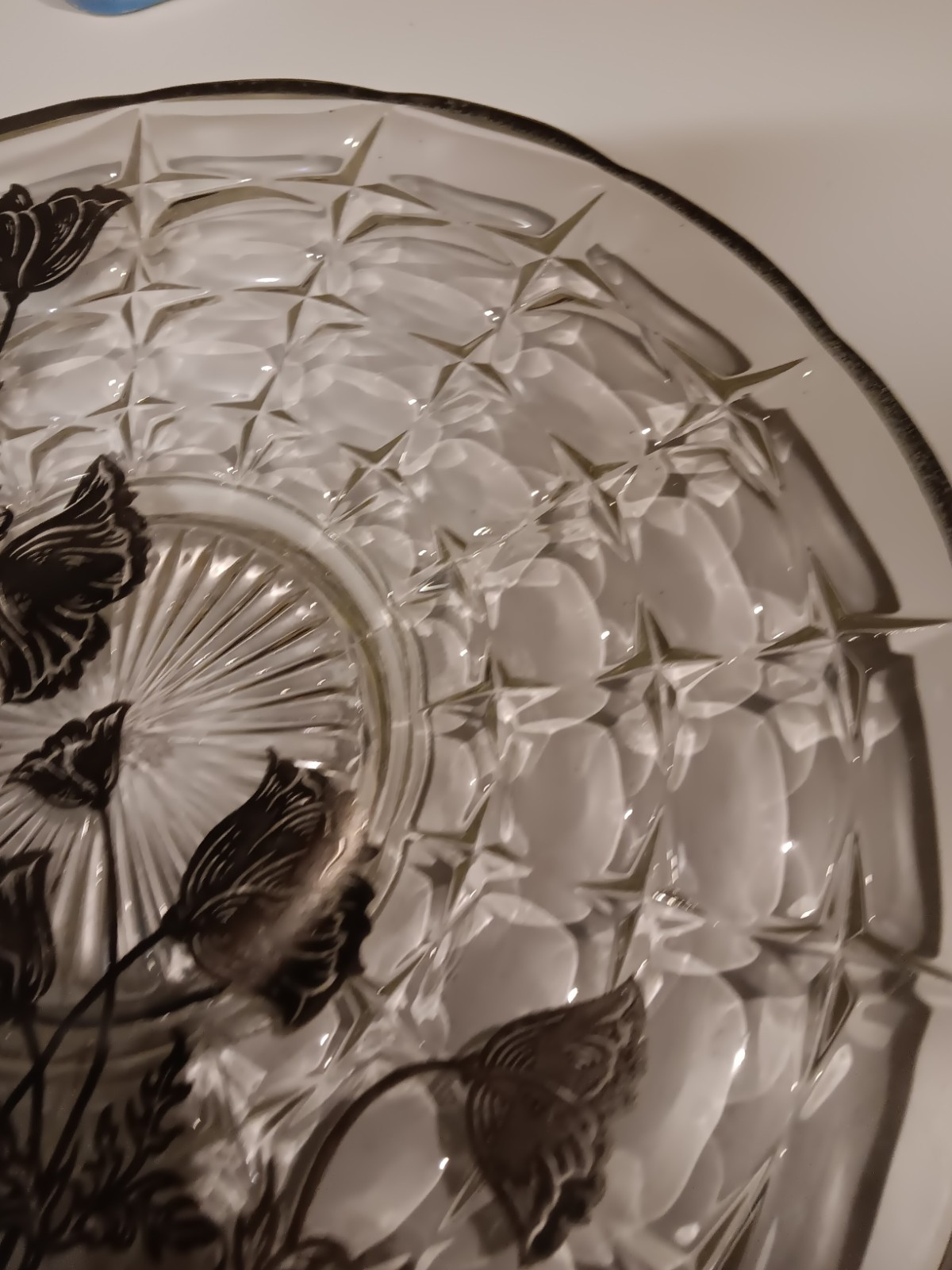Vintage 1930 Art Deco Silver Overlay Glass Platter. Flowers