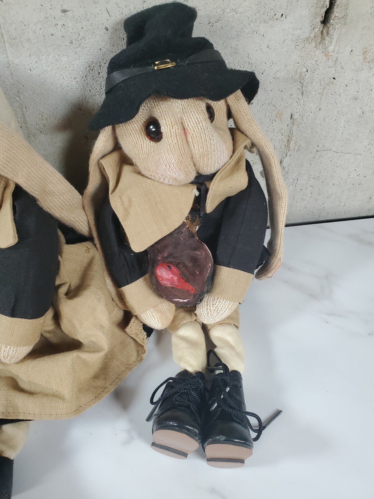 Handmade Primitive Bunny Rabbit Pilgrim Thanksgiving Doll Shelf Farmhouse