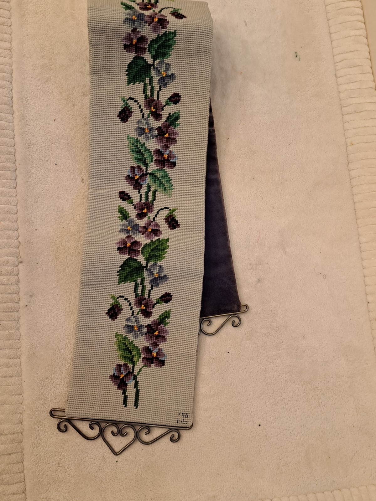 Vtg Needlepoint Bell Pull Wall Hanging Floral Brass Hardware