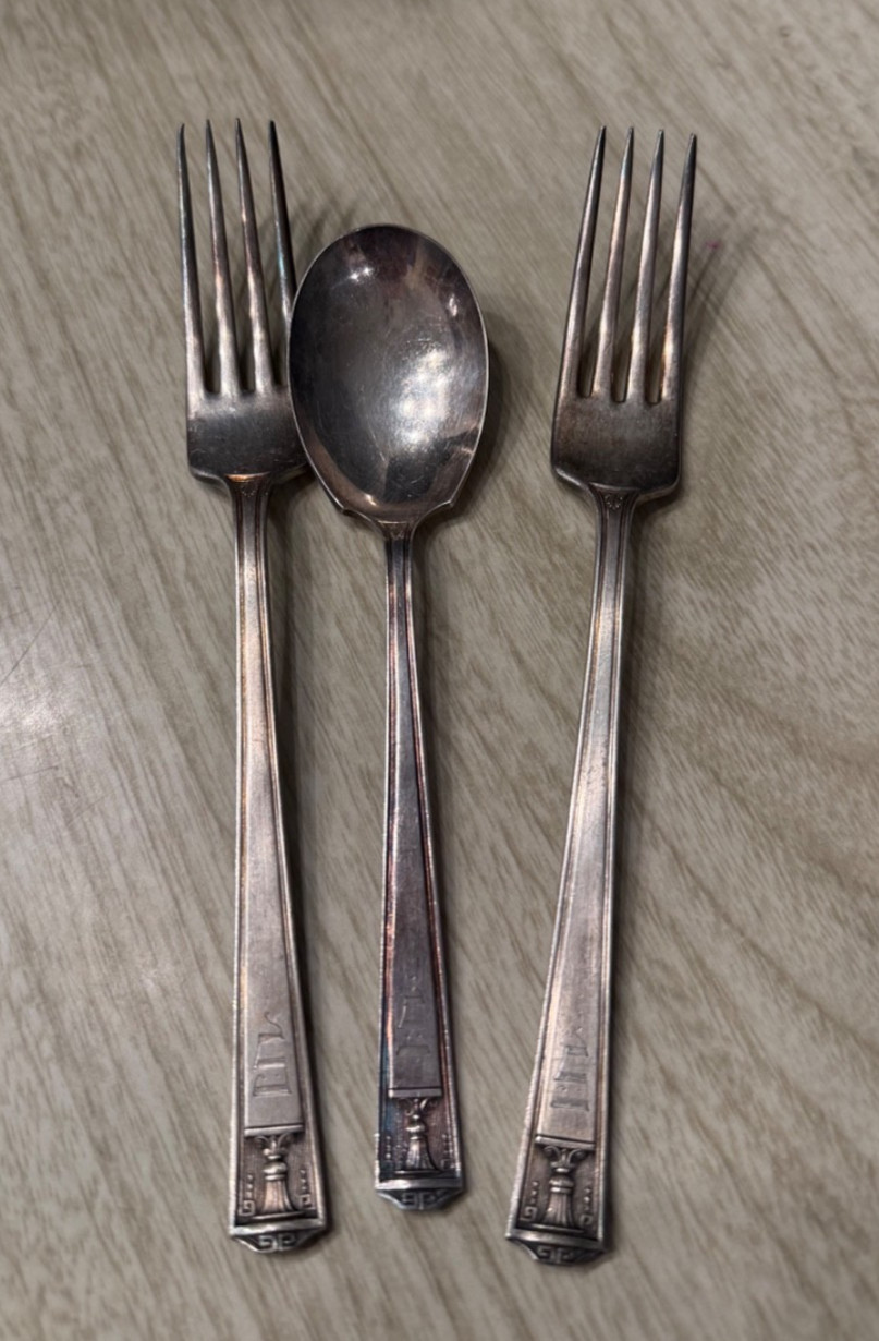 HOLMES & EDWARDS Silver plate 1923 CENTURY 2 Forks & Sugar Spoon Art Deco Urn