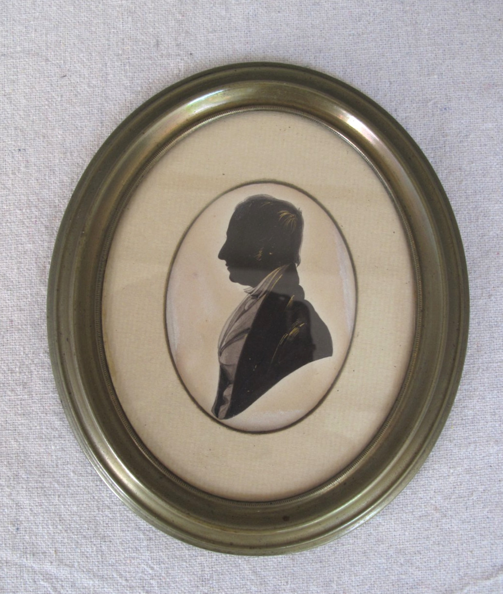 Antique Watercolor Silhouette Gentleman Portrait c. 1850’s in Oval Brass Frame