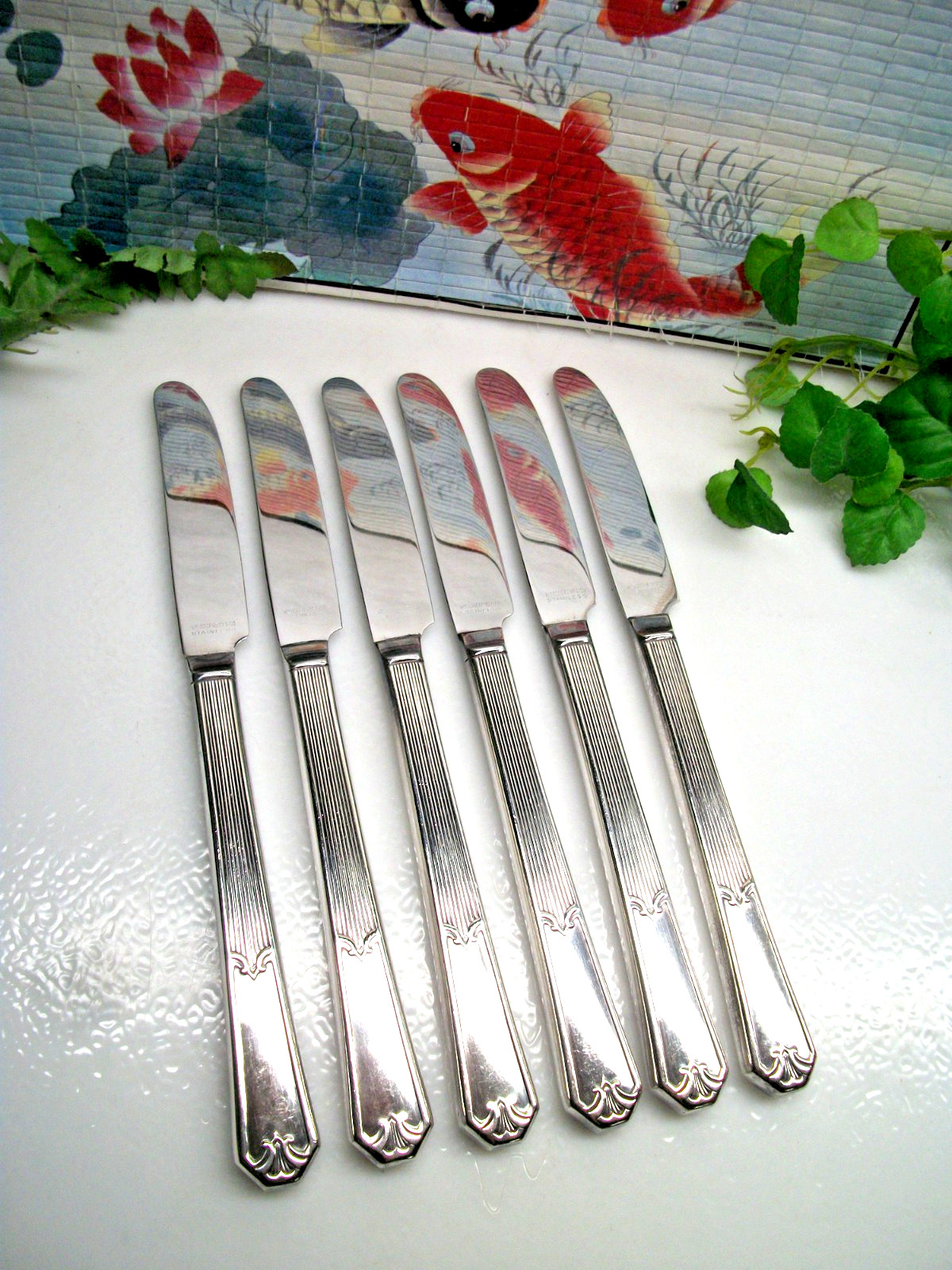 6 International Wm. Rogers FIDELIS Silverplate Luncheon Grille Knives 1933