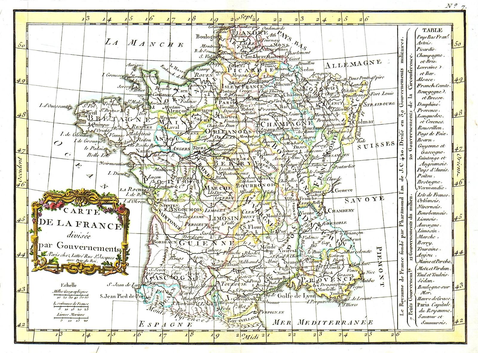 FRANCE “Carte de la France” 1770 BONNE / LATTRE ORIGINAL ANTIQUE MAP