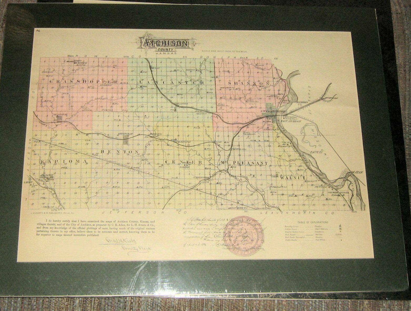 Vintage 1886 Kansas Plat Map,Atchison County,L.H.Everts,Townships,Railroads
