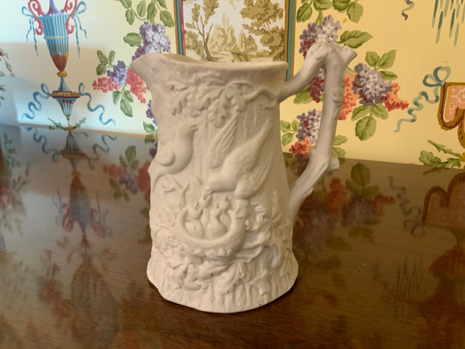 English Victorian Cream White Pottery Jug Pitcher Circa 1854 Mama Birds w Babies