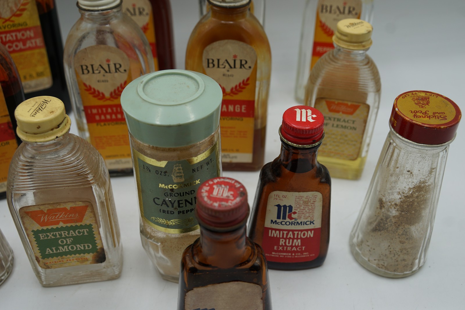 Vintage Extract Flavoring Spice Bottles Lot Blair Watkins McCormick 15 Pc Set