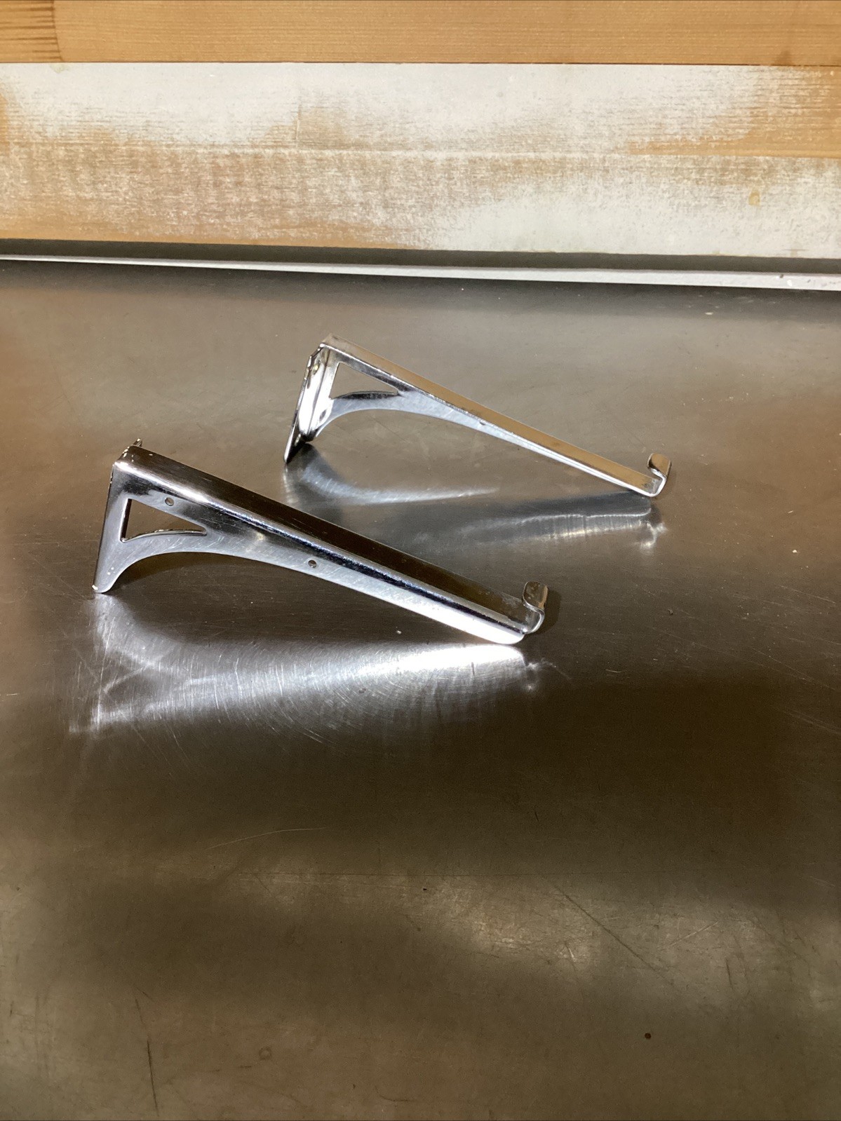 Vintage / Antique Glass Shelf Brackets Metal Supports 5” One Pair Chrome Brass