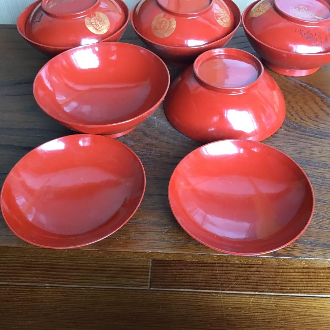 N/A Wajima Lacquer Red Ground Crane Turtle Plum MakiE Soup Bowls 5 Set