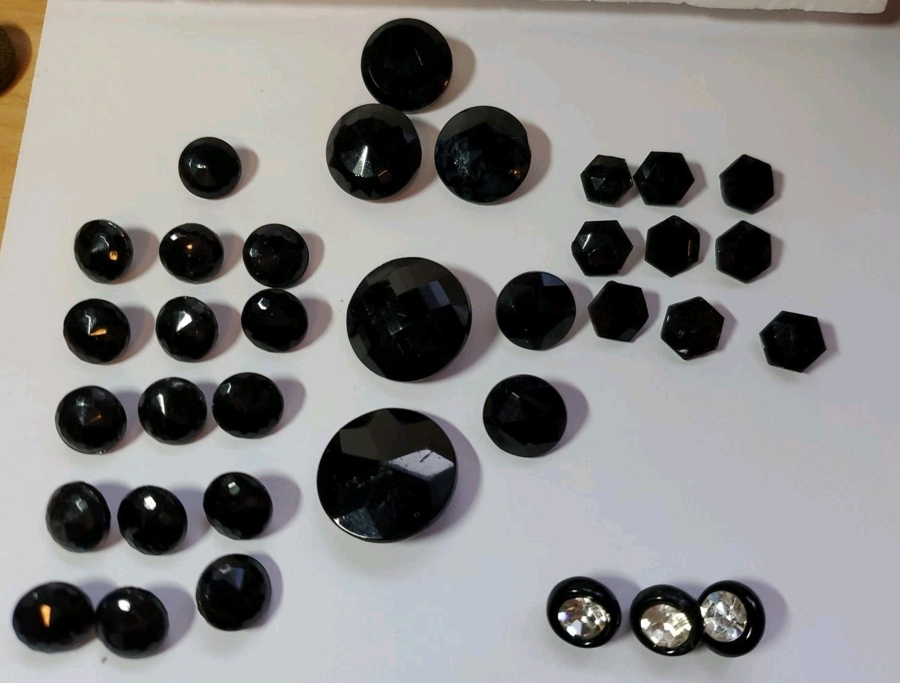 Antique Vntg Black Jet Glass Buttons 35 Faceted & Rhinestone Center SZ 1/2-7/8″