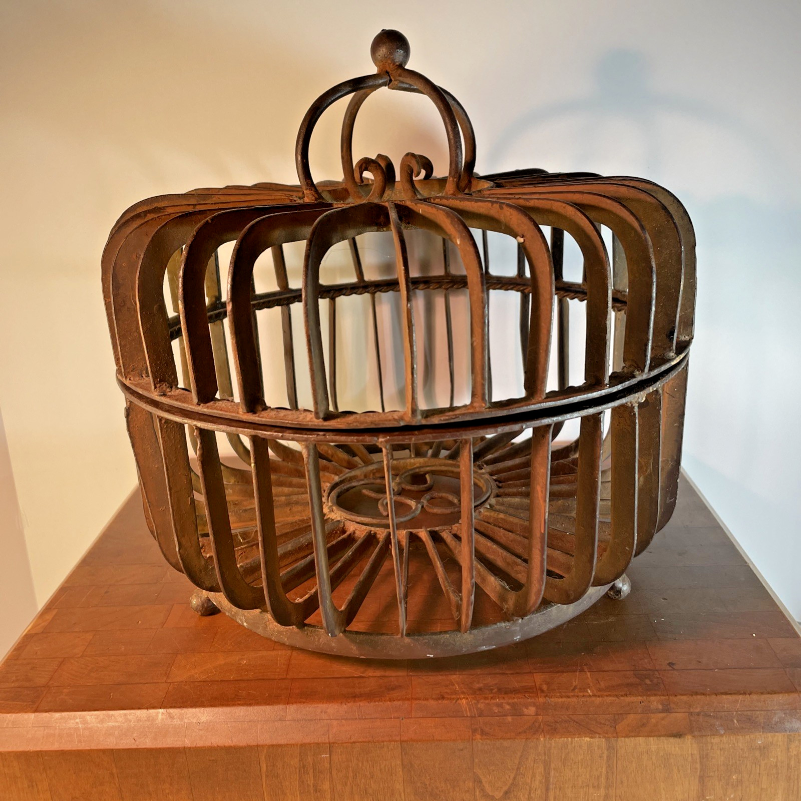 18th Century? Hand Forged Iron Caged 2 Piece Round Stand 6lbs Plus+ Scrolls