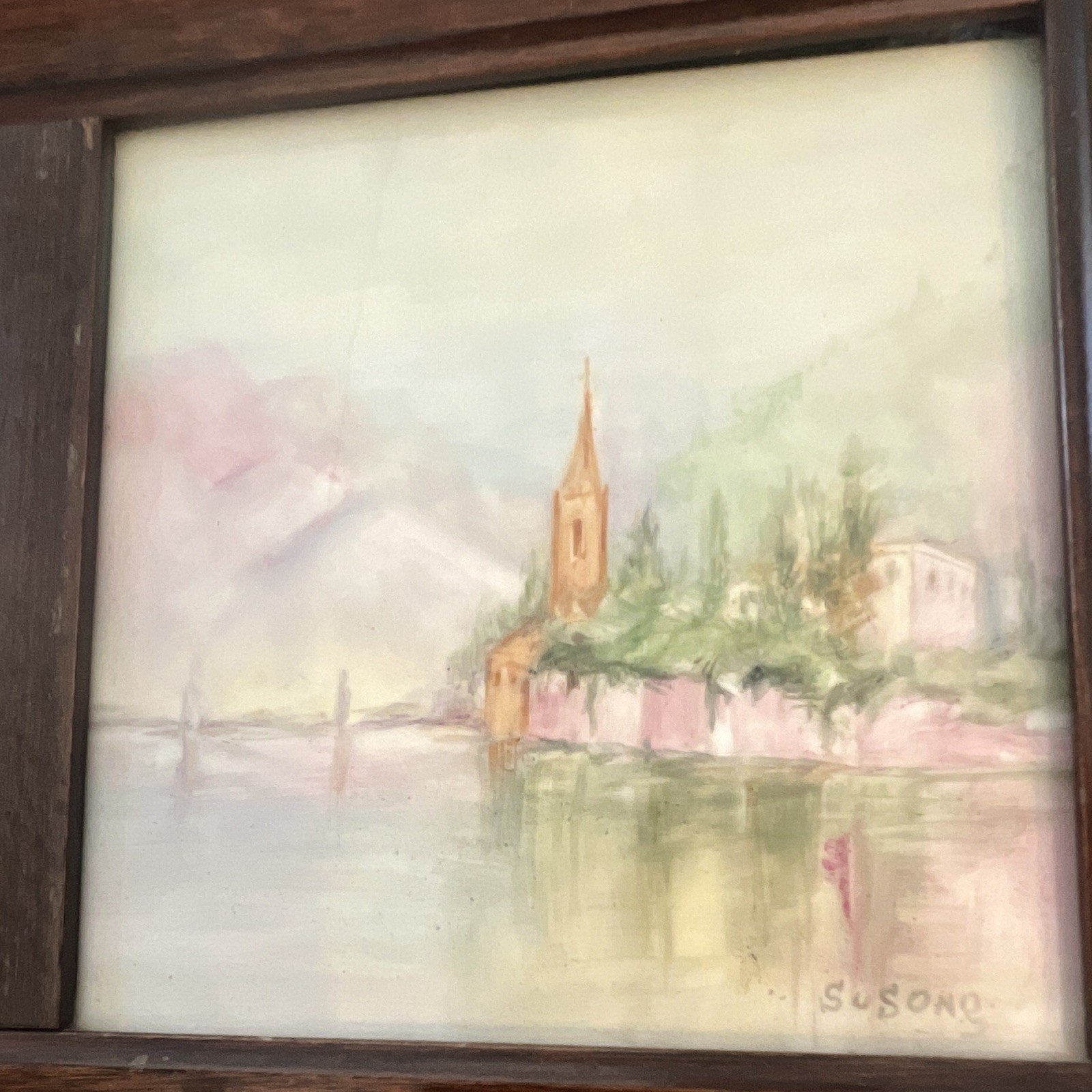 Framed Signed Triptych Impressionist Landscape Seascape Sailboat Village Church