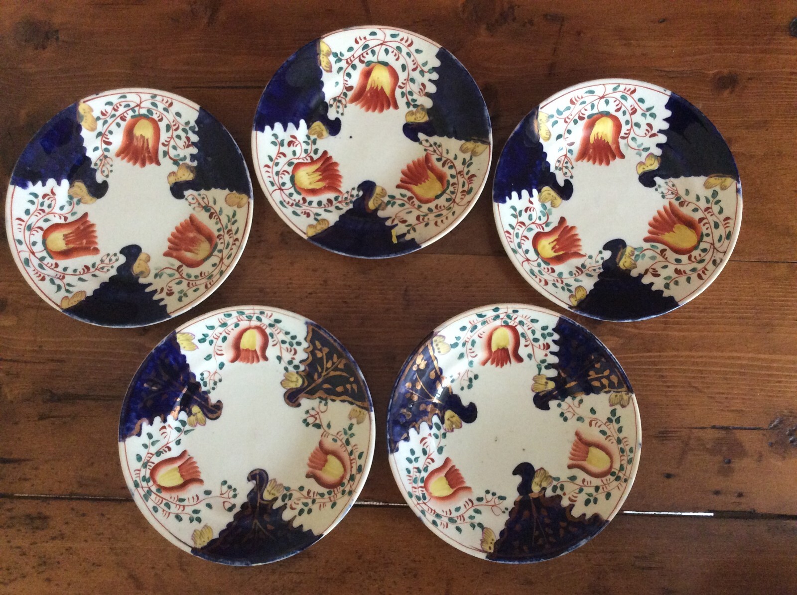 ANTIQUE GAUDY WELSH 6″ PLATES x 5 TULIP PATTERN MID 19TH C BONE CHINA LUSTRE