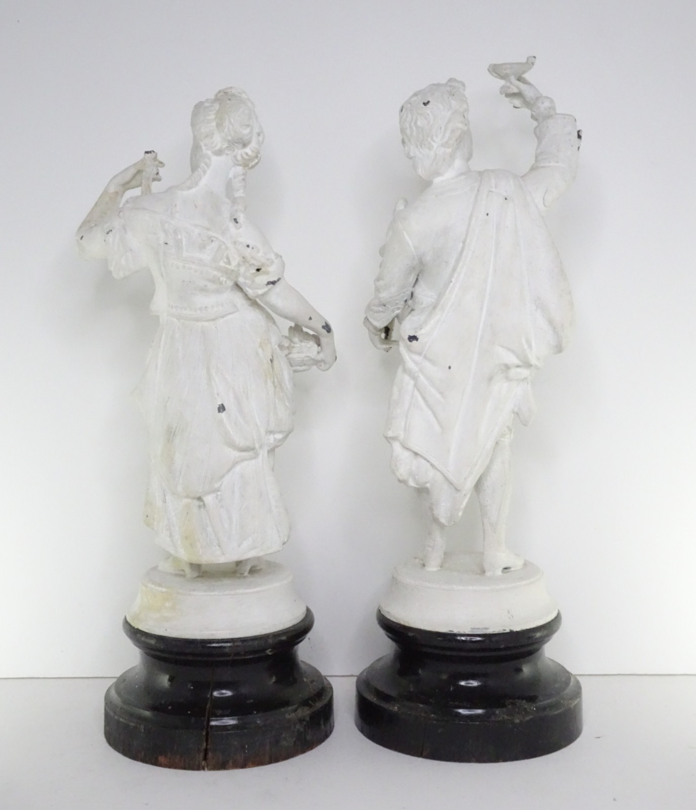 Pair Victorian Spelter French? Figurines, Man & Lady, Painted White, Antique
