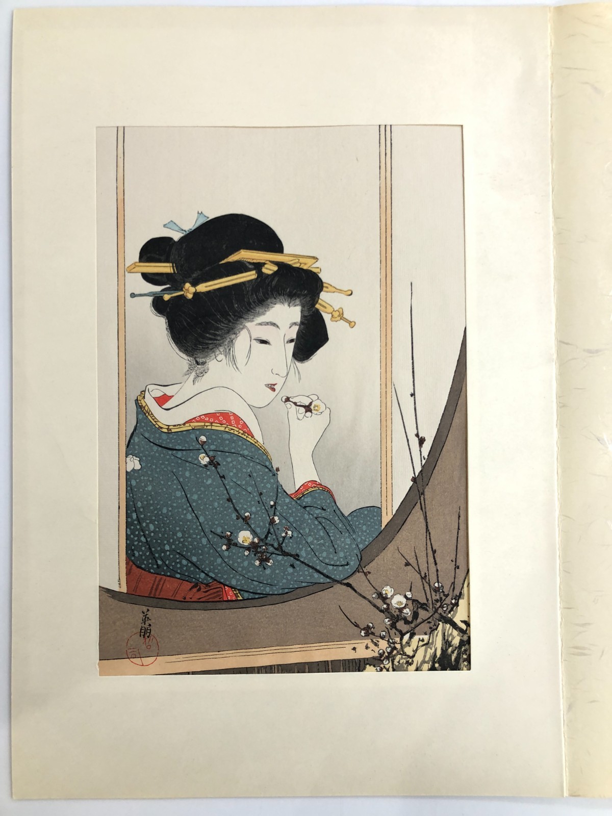 Eiho Woodblock Reprint: Beauty at Window & Plum Blossom 1977
