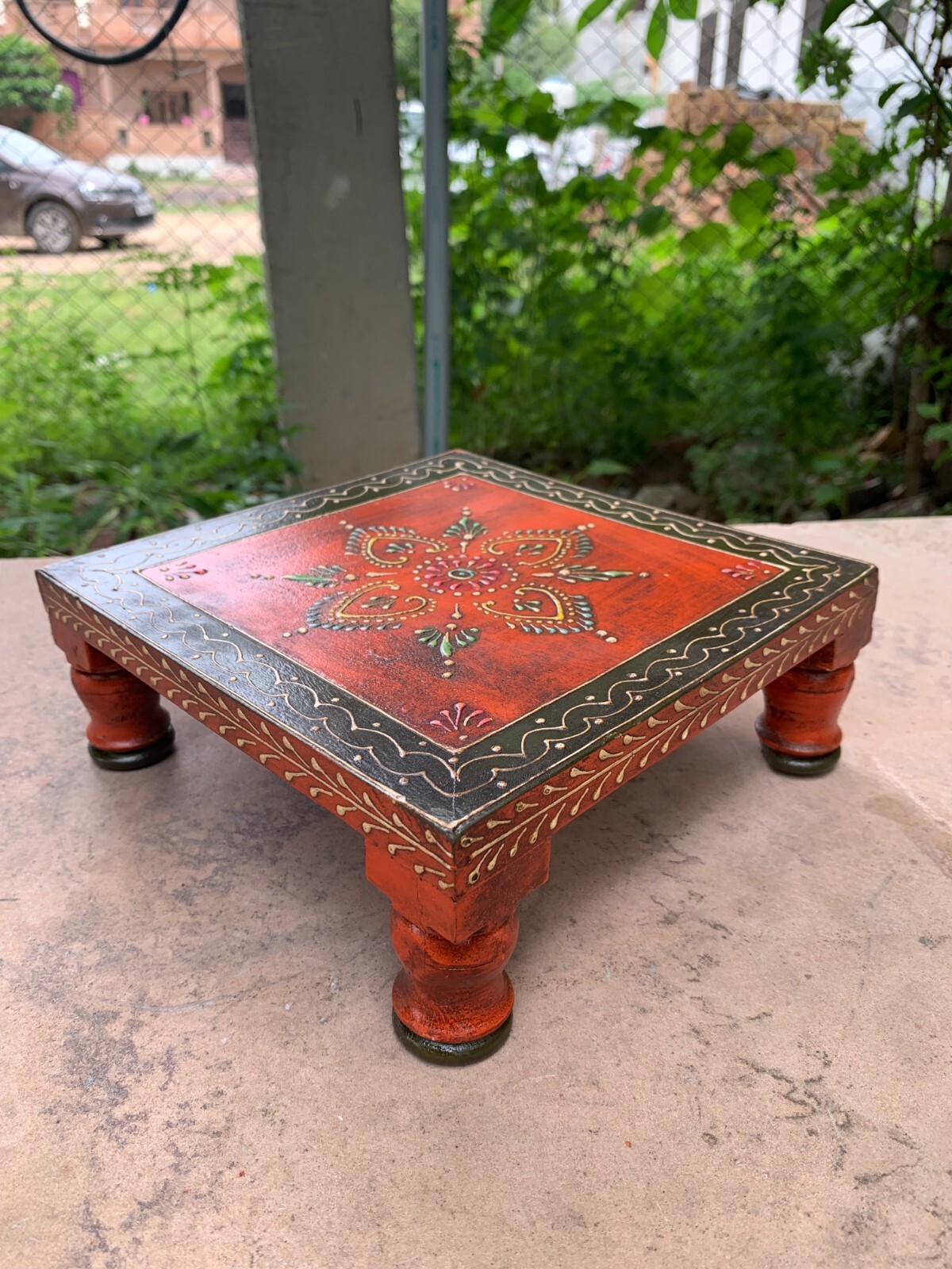 Indian Traditional Chowk Wooden Hand Carved Bajot Decorative Stool Home Decor