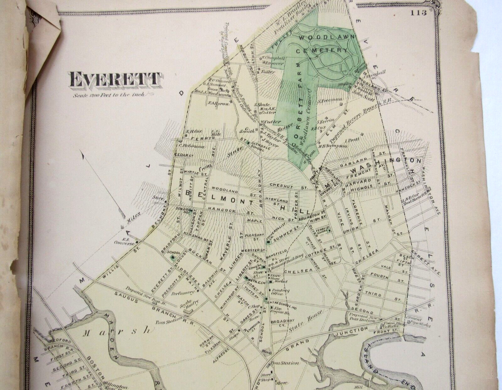 Everett Middlesex County Massachusetts 1875 F. W. Beers Large Detailed Map