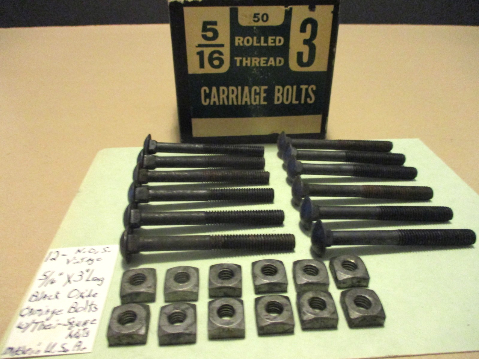 12-NICE-VINTAGE, N.O.S, 5/16″ X 3″ LONG BLACK OXIDE CARRIAGE BOLTS & SQUARE NUTS
