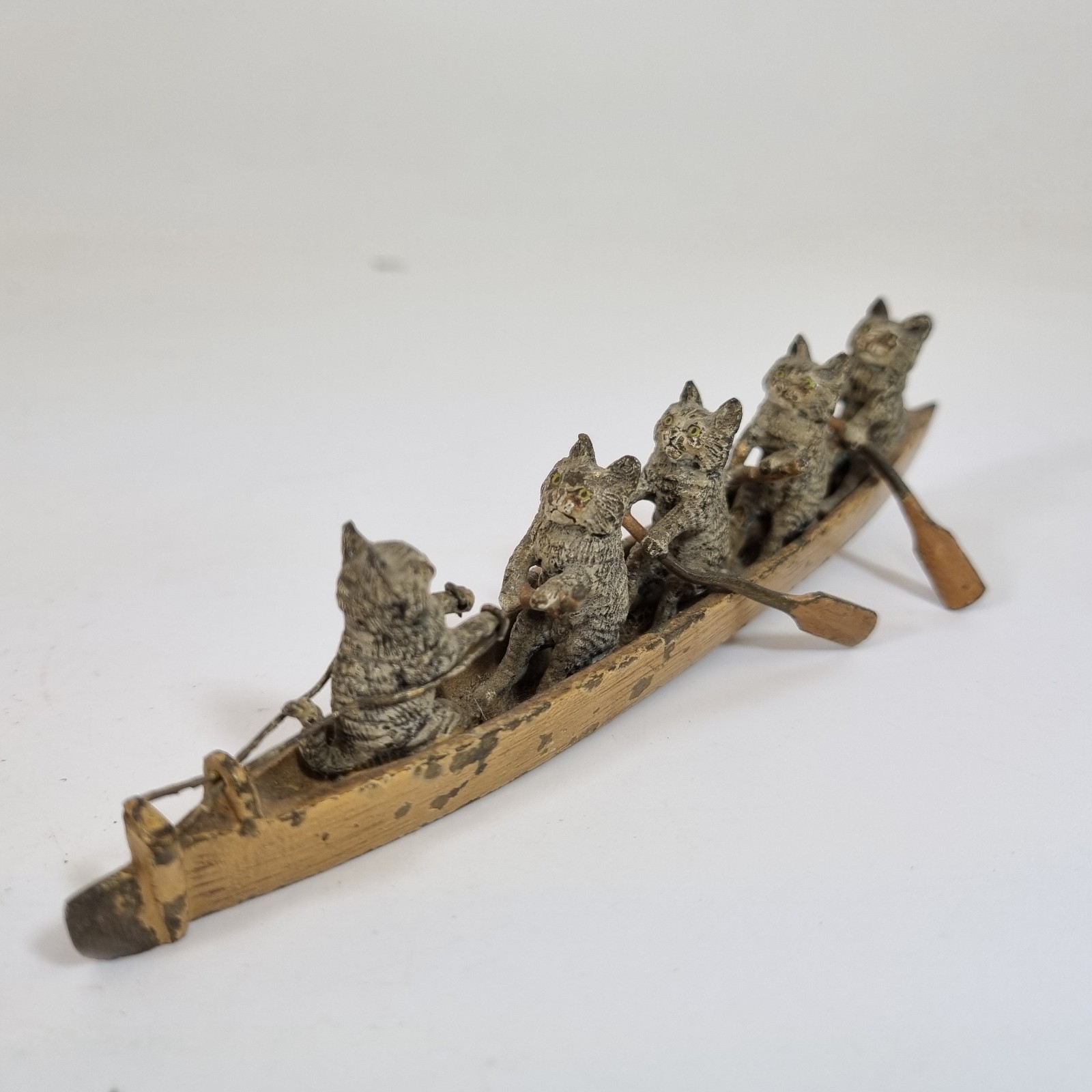 Antique Austrian Cold Painted Bronze Figure Cats Rowing A Boat 14.5cm Long