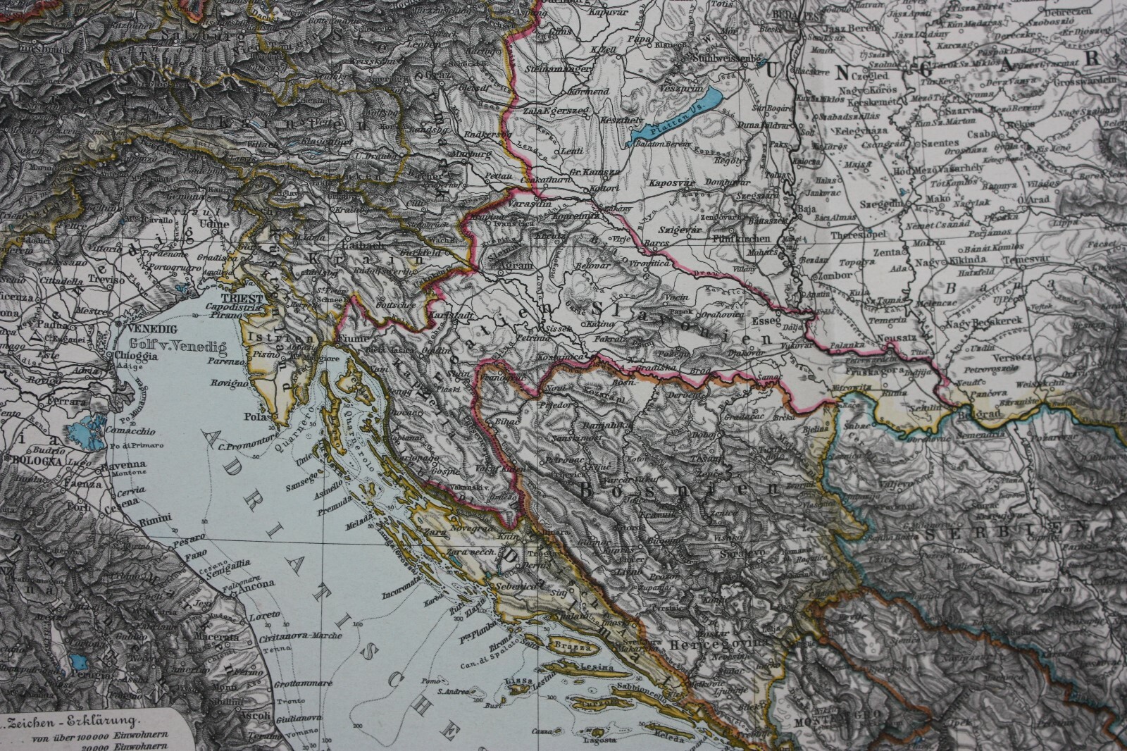 Original antique map NORTH BALKANS, CROATIA, BOSNIA, SERBIA, Stieler, 1891