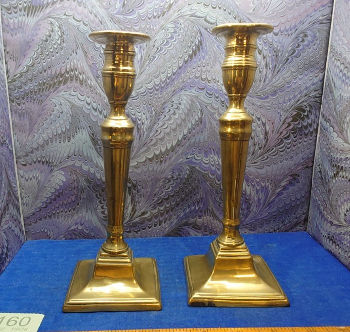 Pair Antique Georgian BRASS CANDLESTICKS 8.5″ tall inc original push ups :160