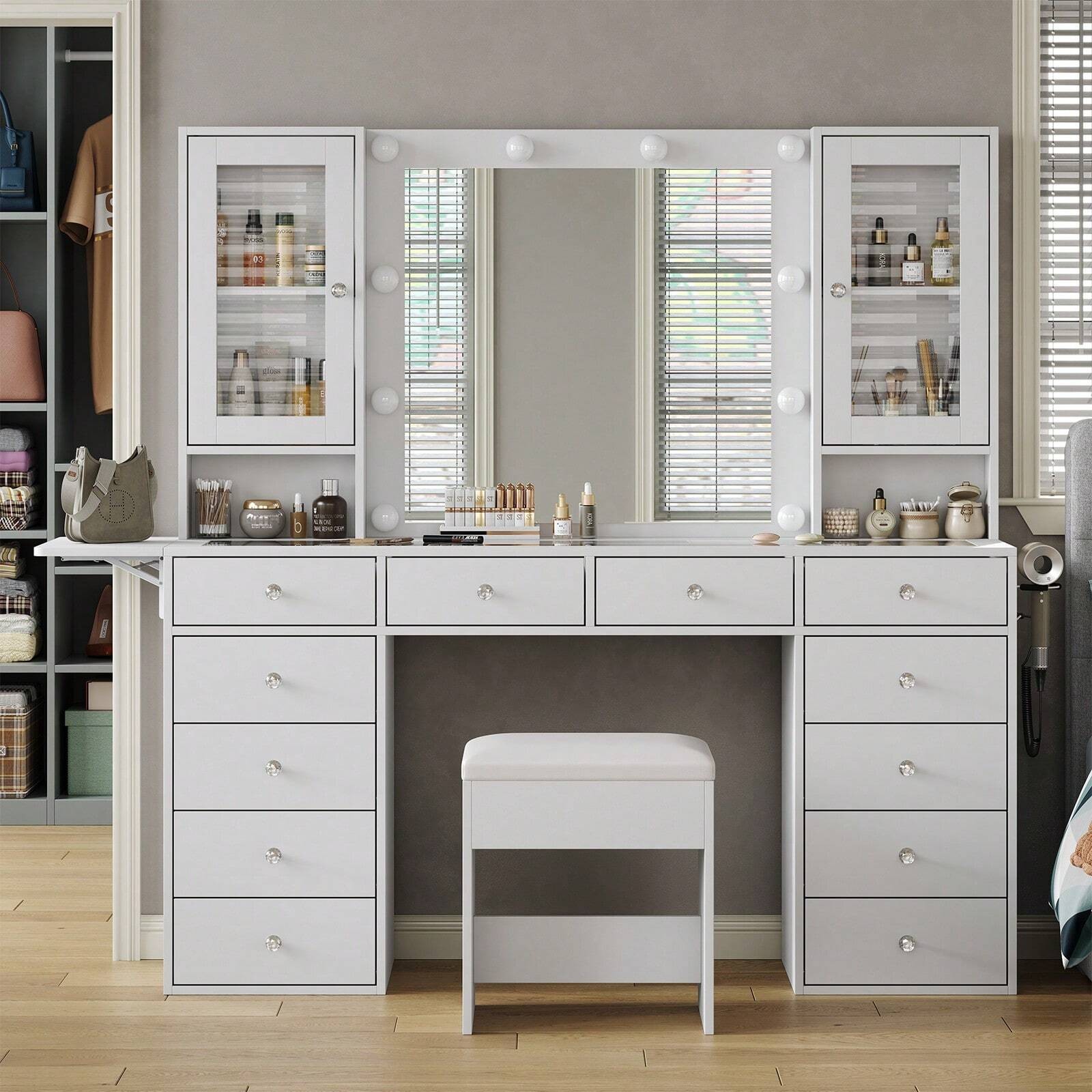 Makeup Vanity With Power Outlet Mirror 10 LED Lights 12 Drawers And 2 Cabinets