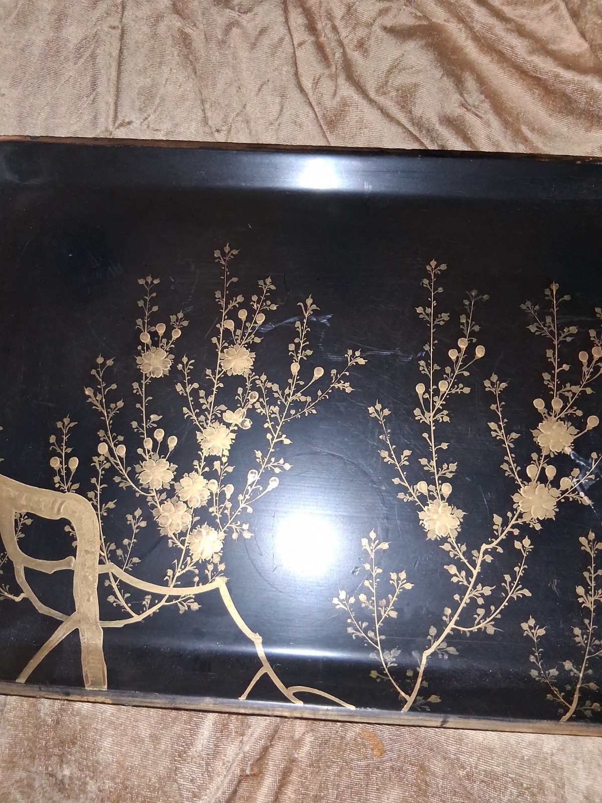 Antique Japanese Meiji Era Lacquer Gold Makie Tray Cherry Blossom