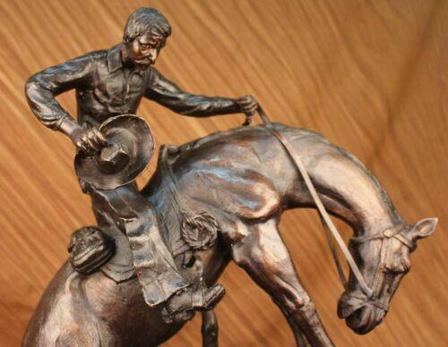 100% Bronze Statue 24″ Russell Bronze cowboy w/Horse Sculpture Bronco Twister