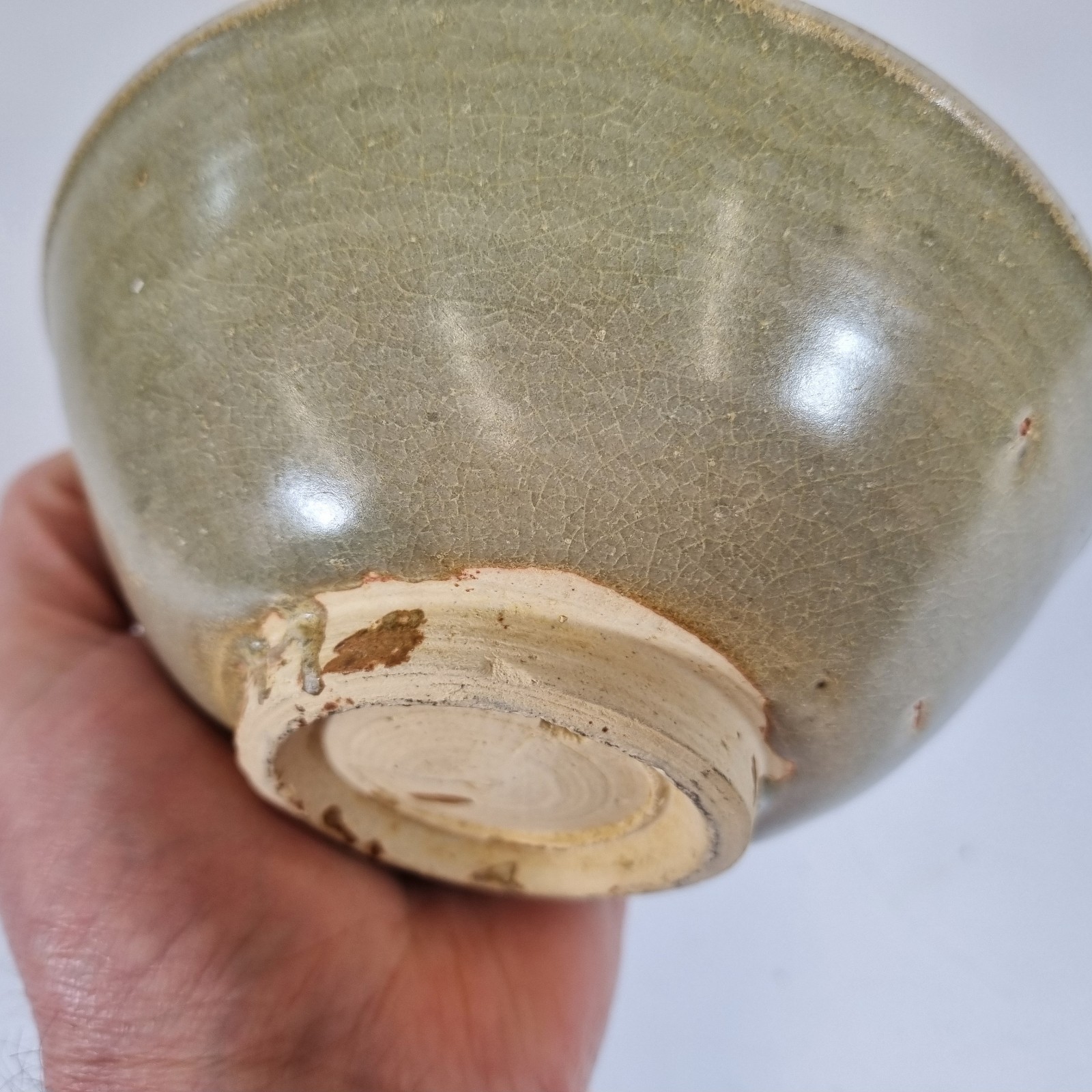 Antique Chinese Celadon Glazed Pottery Bowl Crackle Glazed 13.9cm Diameter