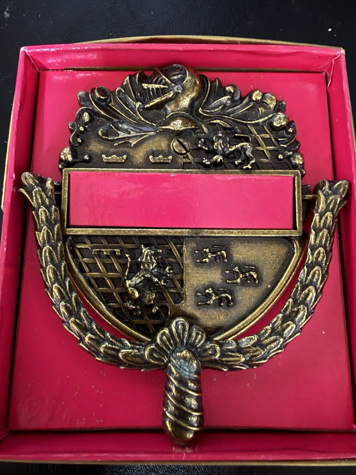 Vintage Personally Yours Victorian Brass Knight Lions Coat of Arms Door Knocker