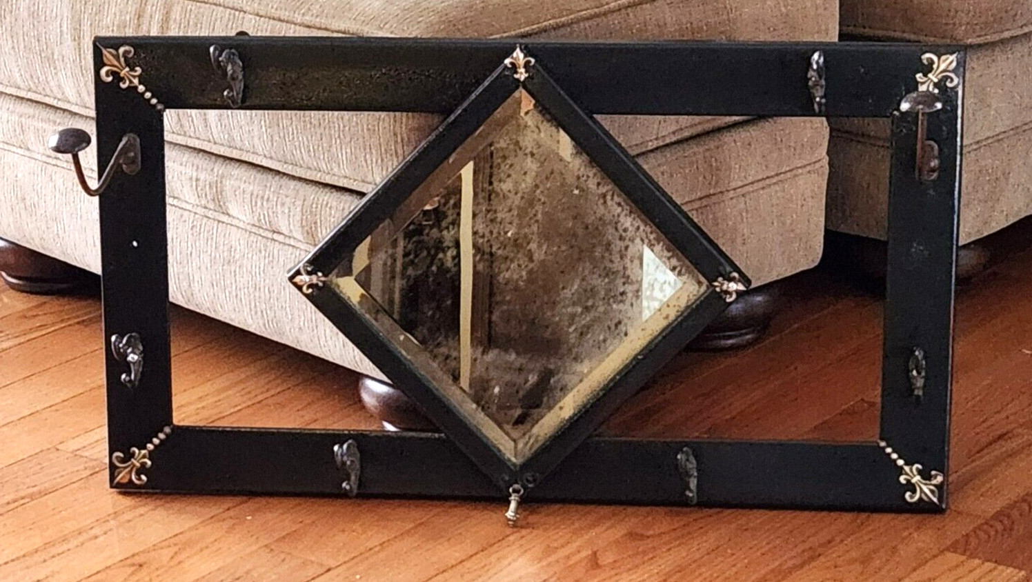 Antique Metal Wall Mount Coat Hat Rack 1934 Beveled Mirror W/Hooks