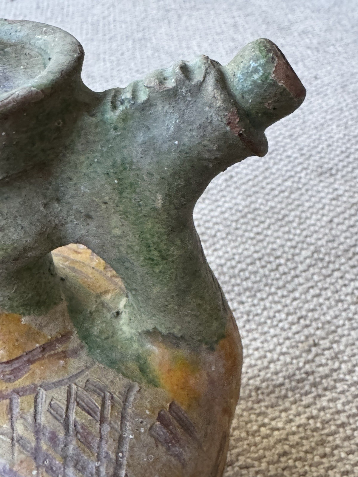 Antique Primitive Glazed Hungarian Terracotta Pottery Wine Olive Two Spout Jug