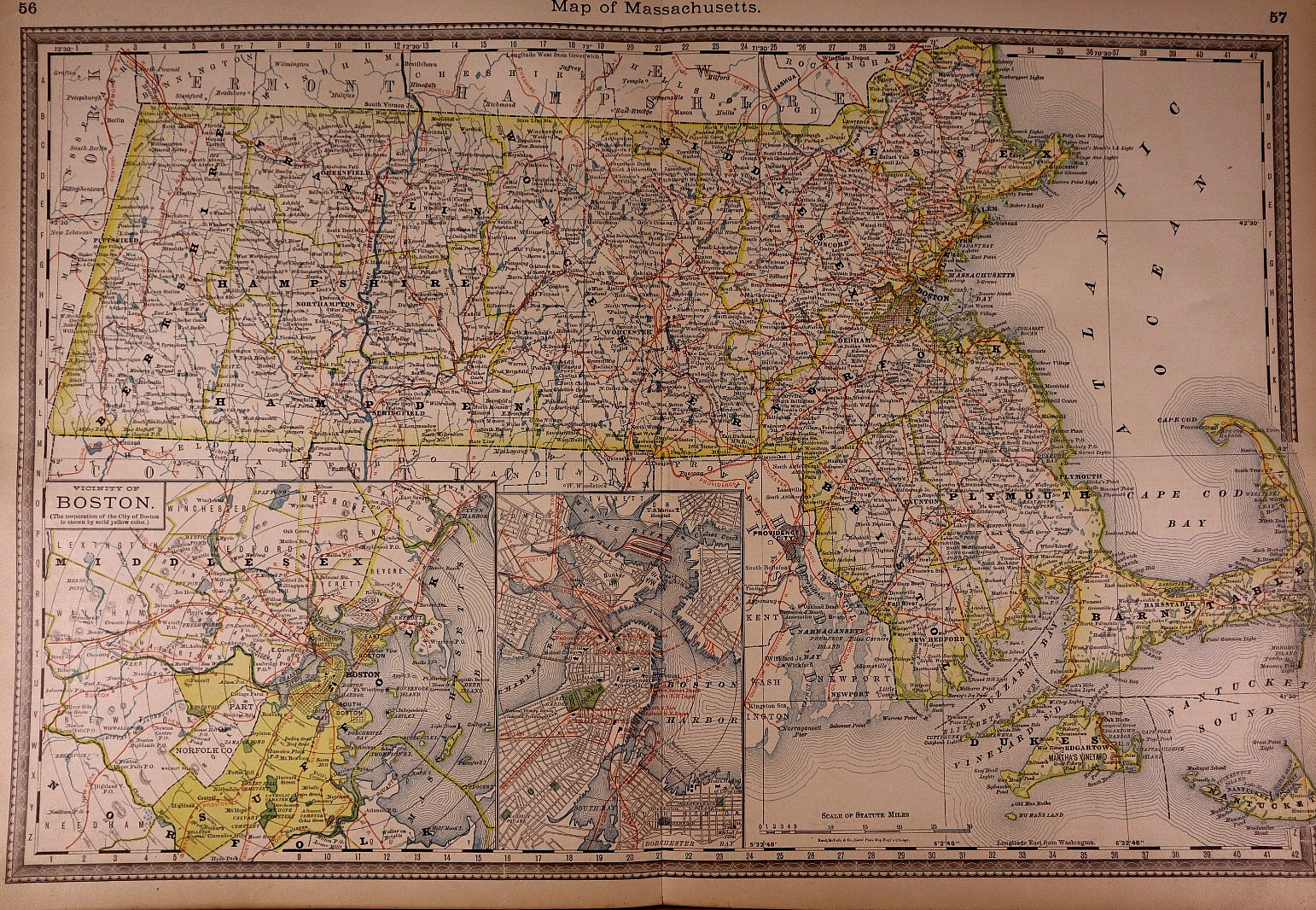 1883 Map of Massachusetts – Boston ~ Railroads, Counties, Towns ~ (14×21)