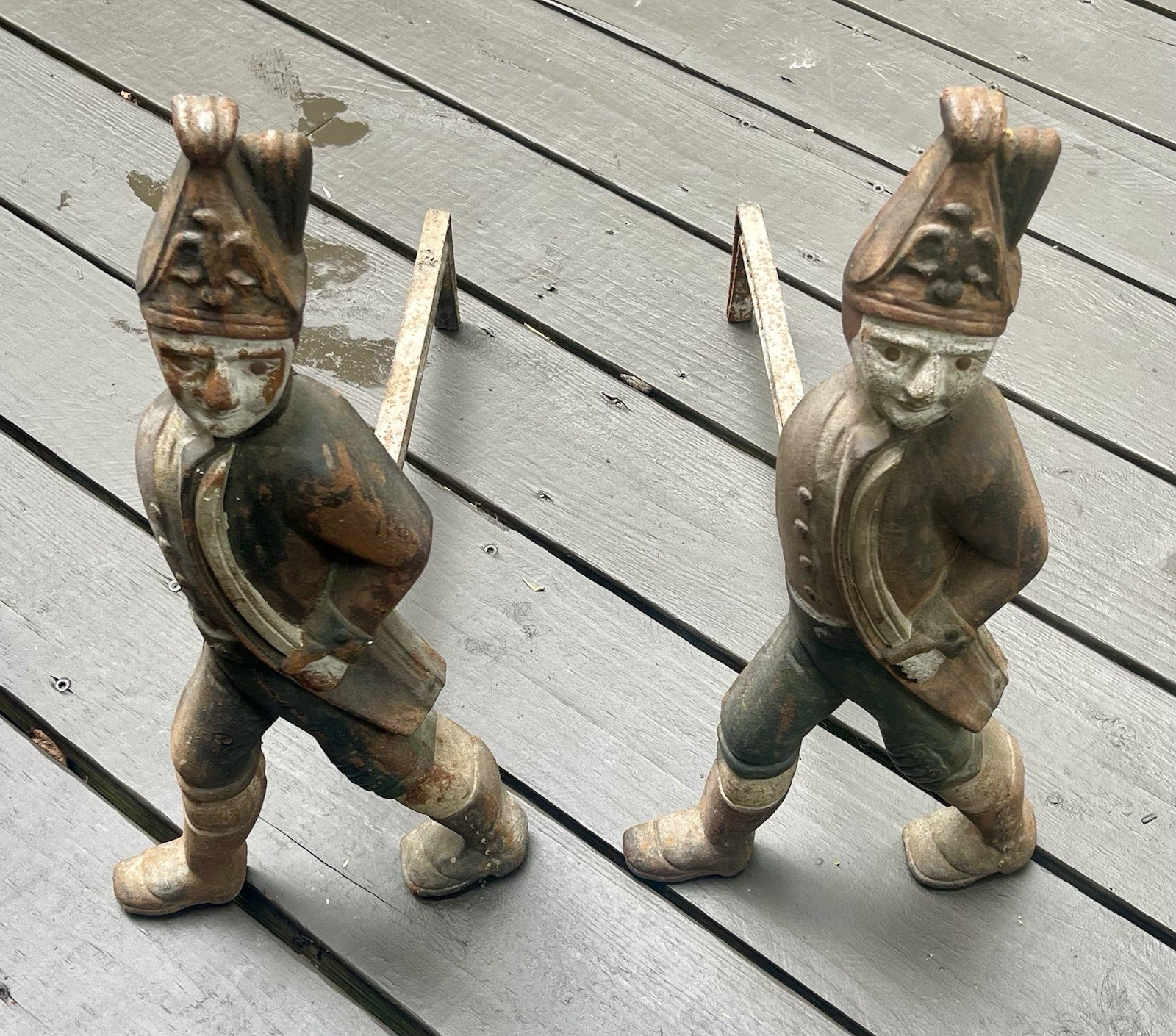 Hessian-Mid 19th C. Hessian Soldiers Cast Iron Original Hand Painted Andirons