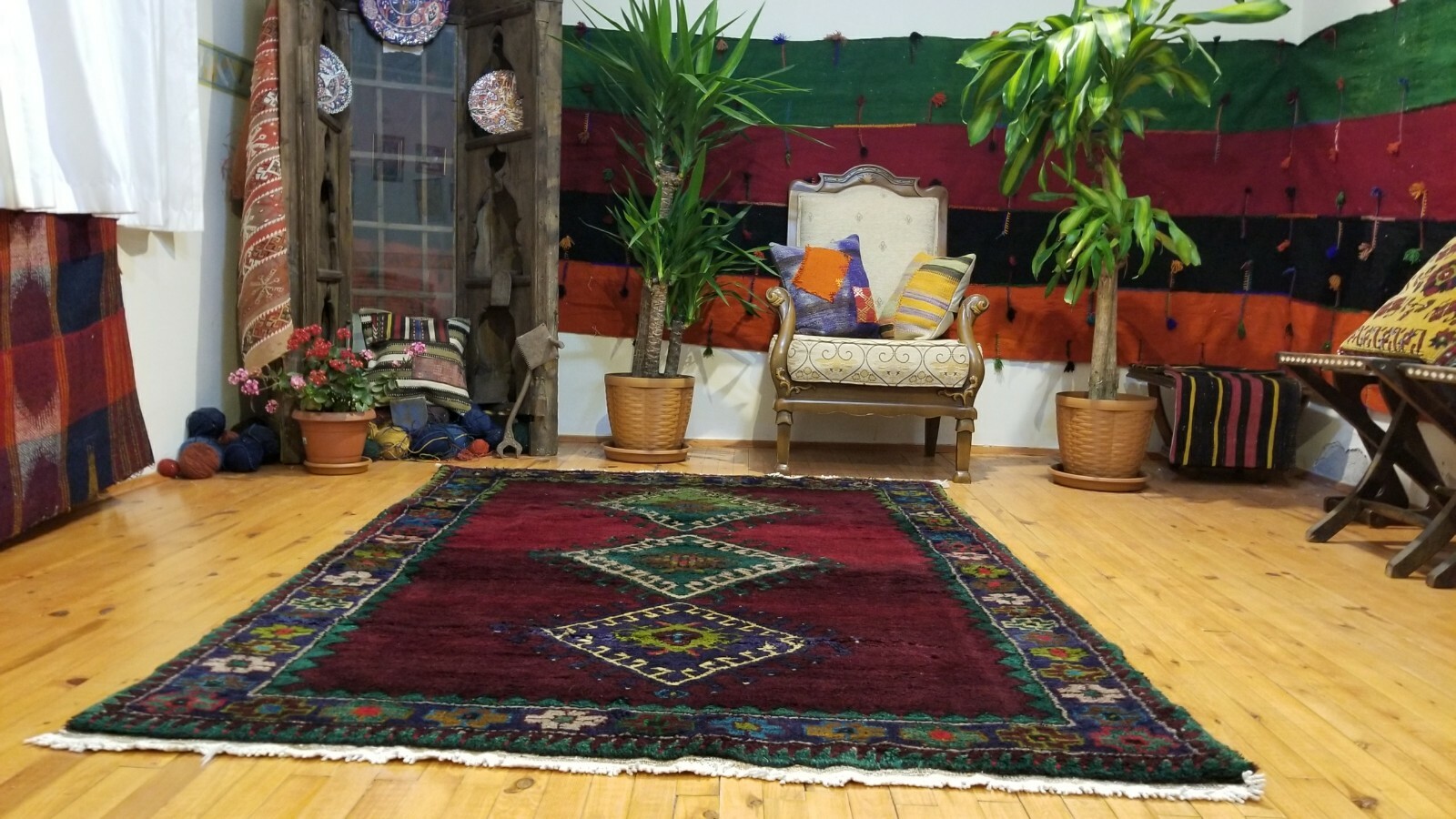 Authentic Vintage 1960-1970s Lambs Wool Pile Natural Dye Tribal Rug 5’x 7’ft
