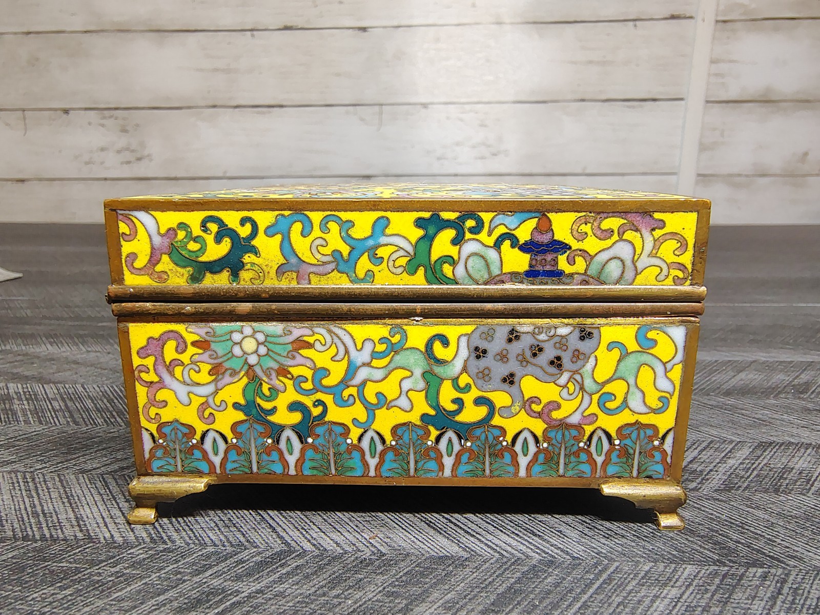 Antique Chinese Republic Yellow Canton Enamel Hinged Brass Trinket Jewelry Box