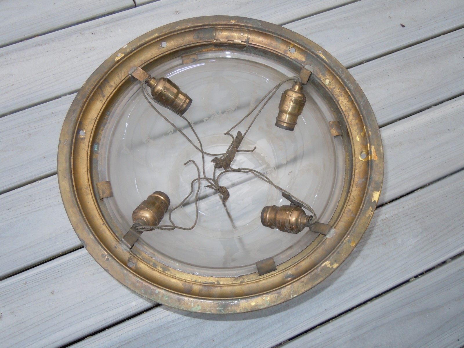 VINTAGE / ANTIQUE LARGE FLUSH MOUNT HALF DOME FROSTED ETCHED GLASS LIGHT FIXTURE