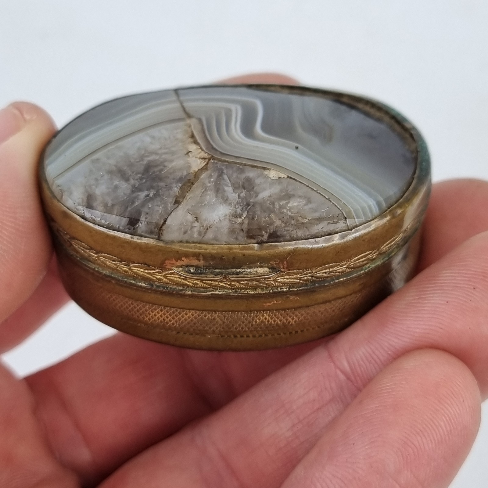 Antique Agate And Brass Snuff Box For Restoration 4.7cm Wide