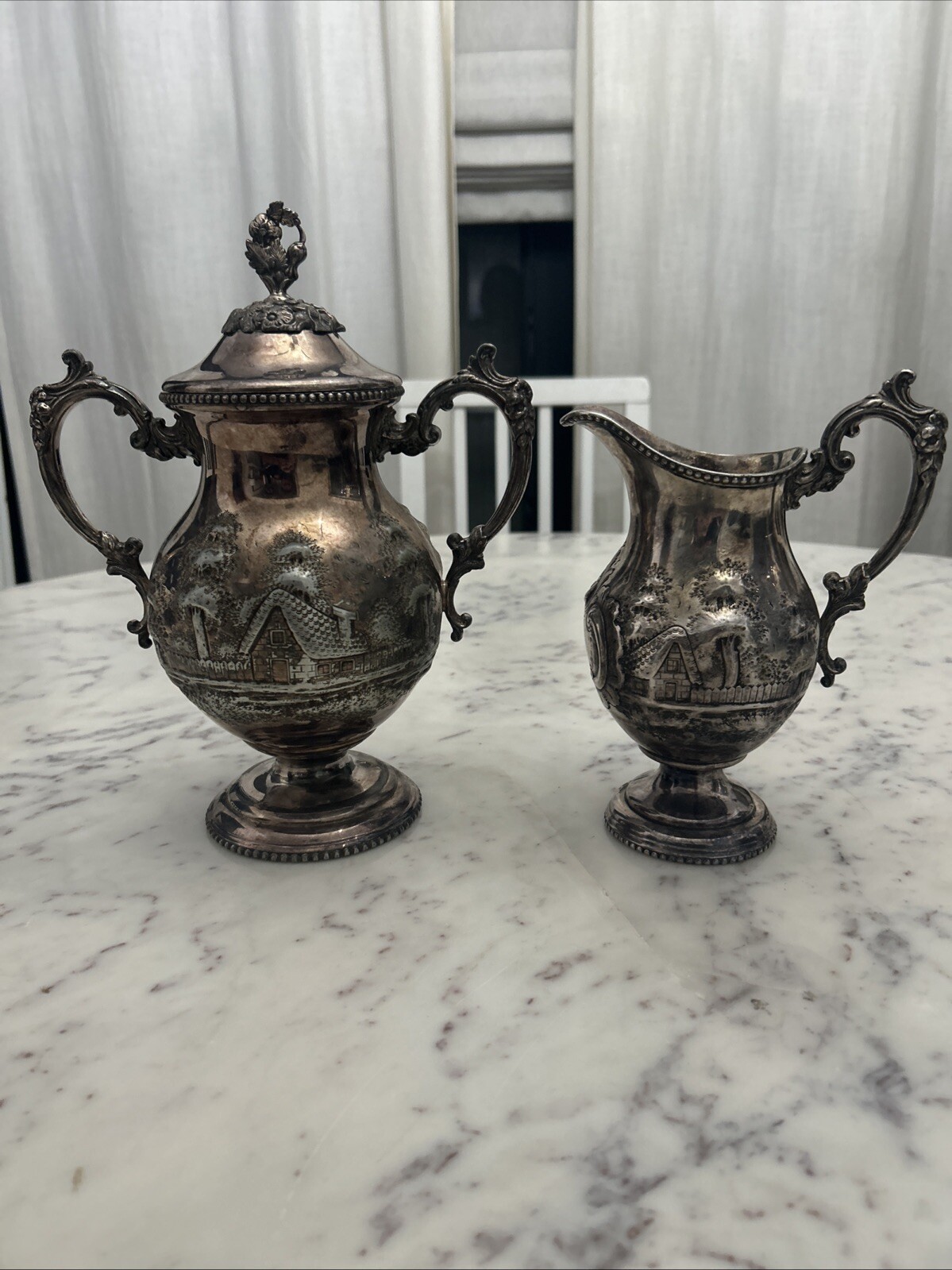 1950 Hand Hammered SilverPlate Pitcher And Tea Urn Ornate Cottage Design