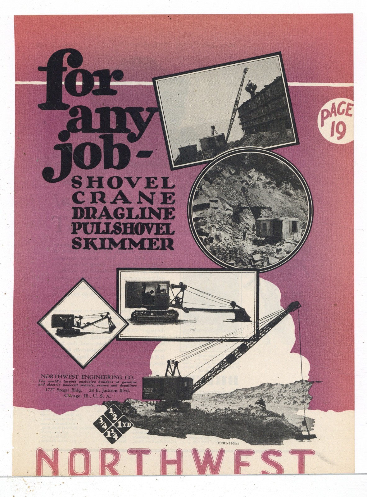 1929 Northwest Engineering of Chicago Ad: Shovel Crane Dragline – For ANY JOB