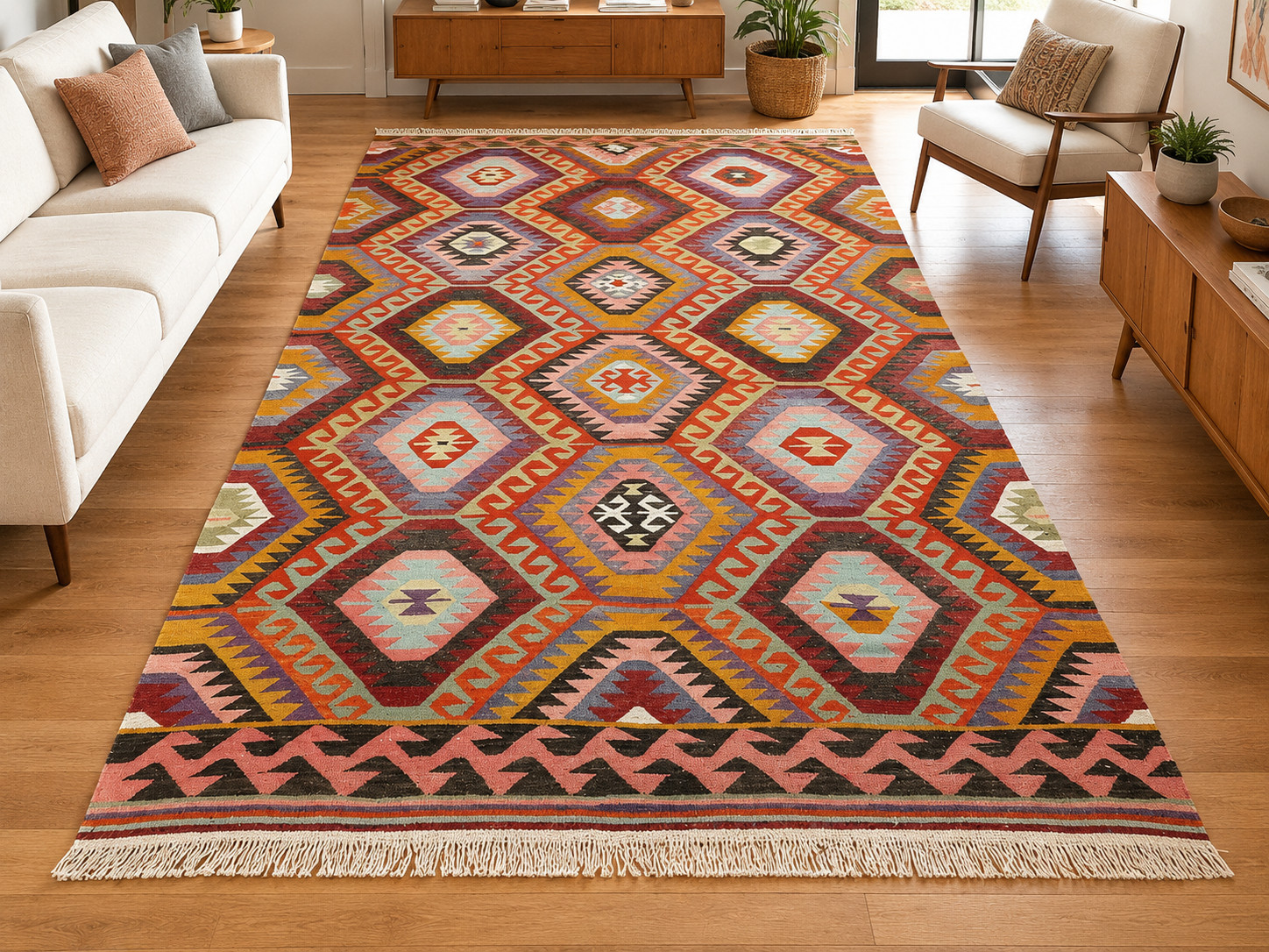 Large Tribal Vintage Turkish Rug, Multicolor Handwoven Wool Kelim Carpet 69×122″