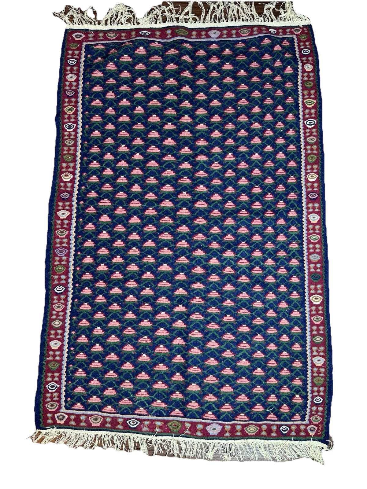 Kilim Handmade Wool Rug 5.4 X 3.5 Fringe Blue Red Border Small Print Floral